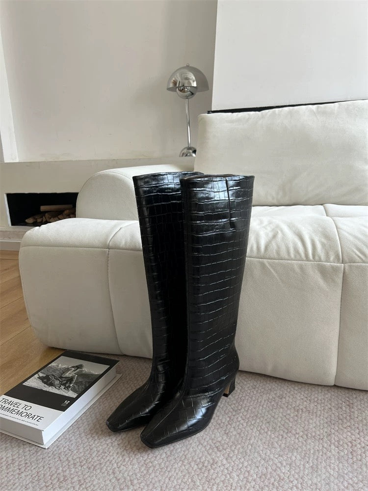Crocodile-Embossed Leather Knee-High Boots - Private property 