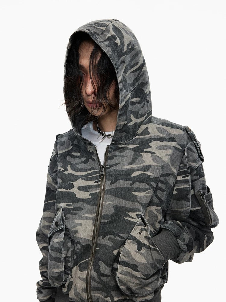 Washed Camo Bomber Hoodie Jacket – Oversized Streetwear Military Style - Private property 