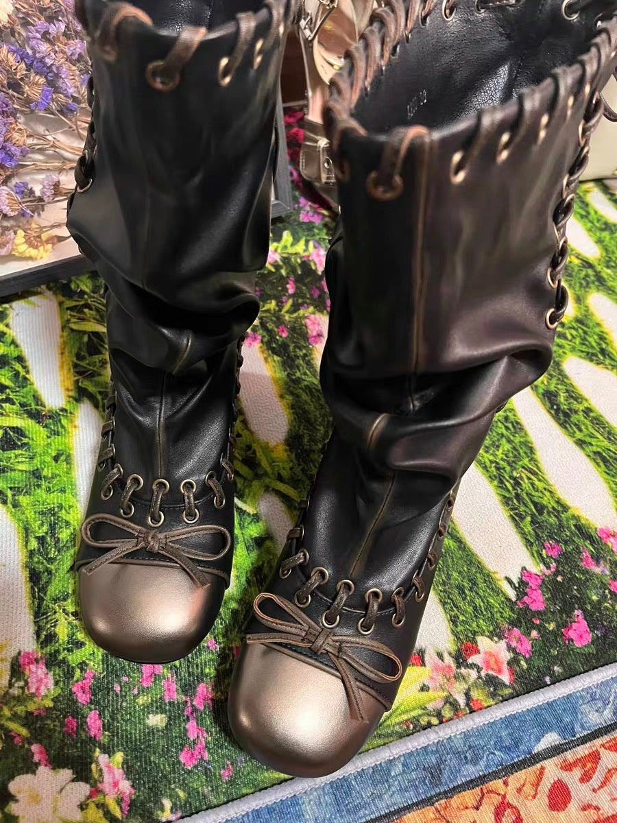 Vintage Leather ribbon lace heel boots - Private property 