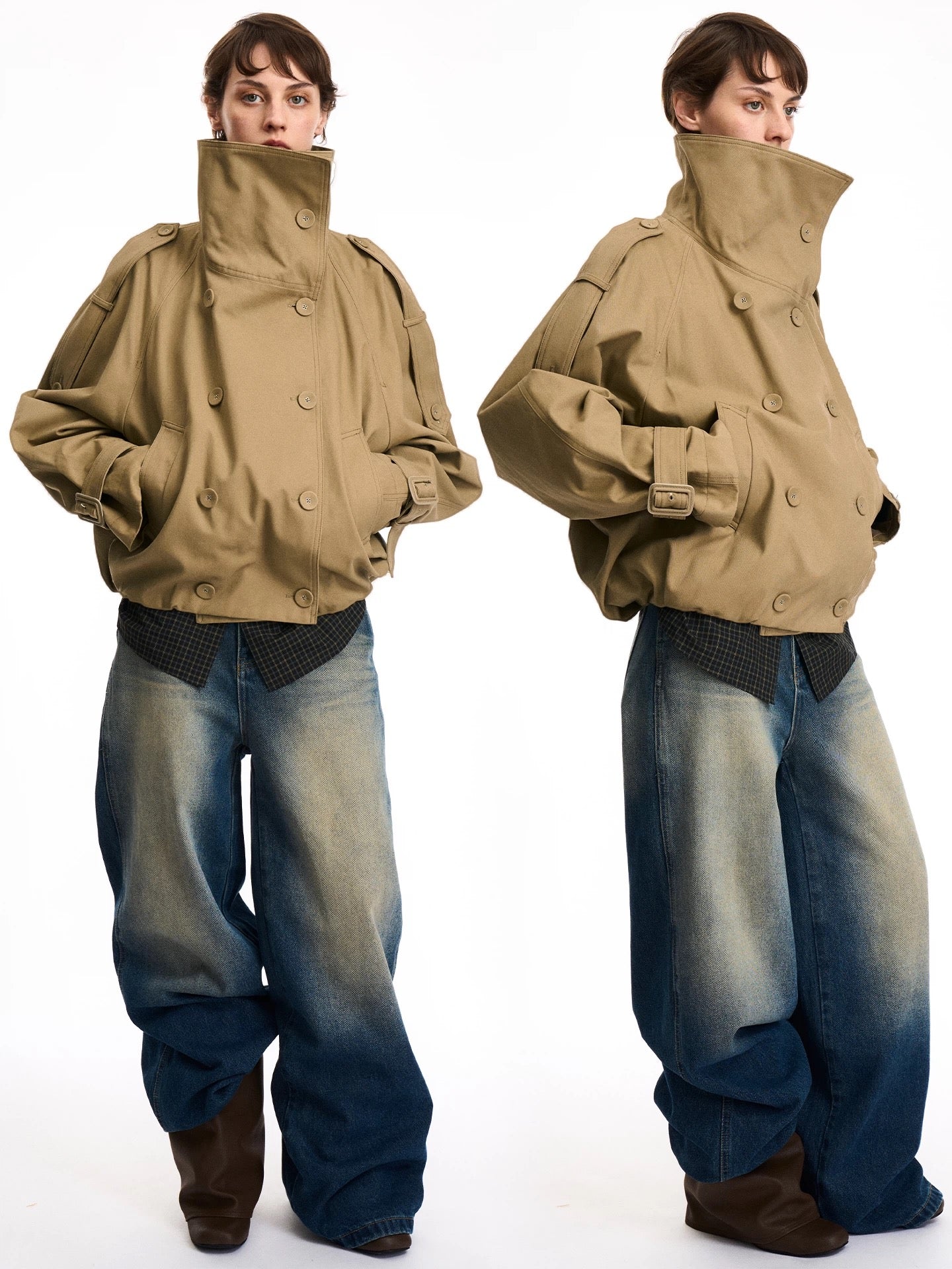 Oversized Double Button High-Neck Utility Jacket - Private property 