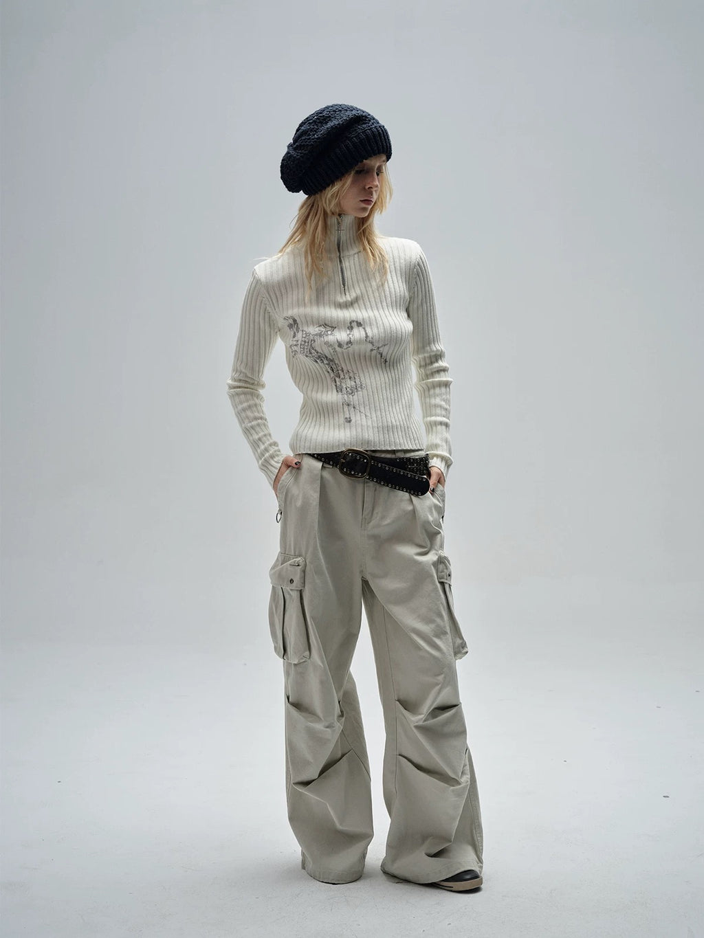 Abstract Print Ribbed Knit Half-Zip Sweater - Private property 