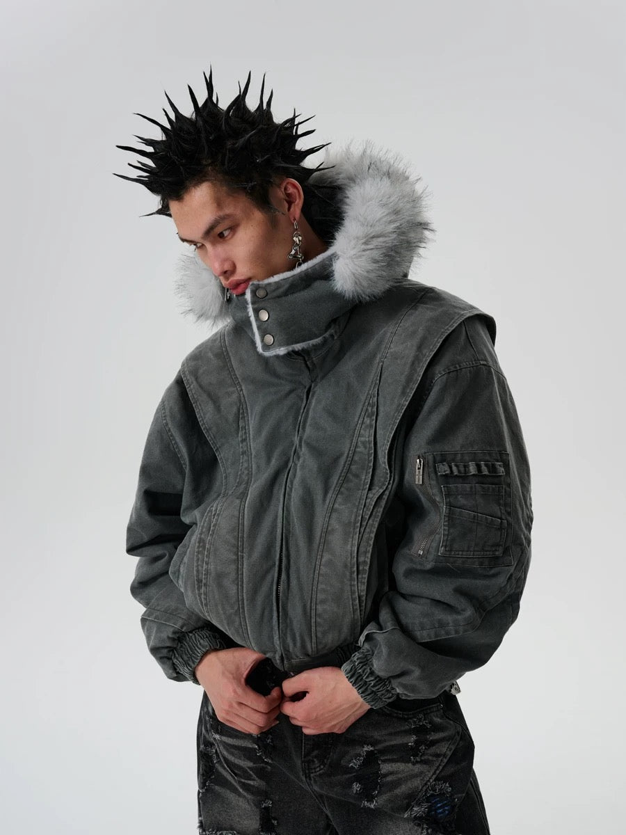Grunge Oversized Cropped Jacket – Charcoal Bomber with Faux Fur Trim - Private property 