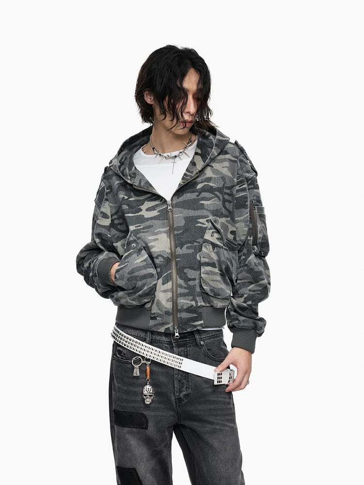 Washed Camo Bomber Hoodie Jacket – Oversized Streetwear Military Style - Private property 