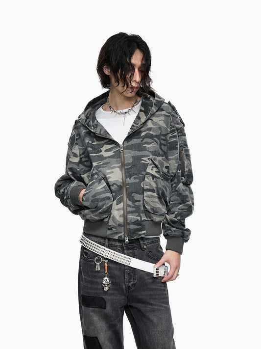 Washed Camo Bomber Hoodie Jacket – Oversized Streetwear Military Style - Private property 