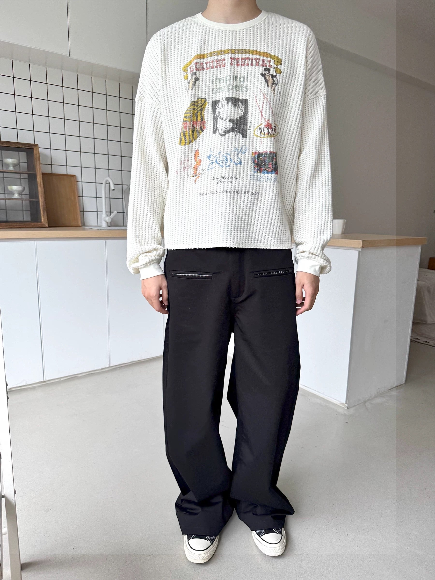 Unisex Cream Waffle Knit Long Sleeve – Reading Festival Retro Print - Private property 