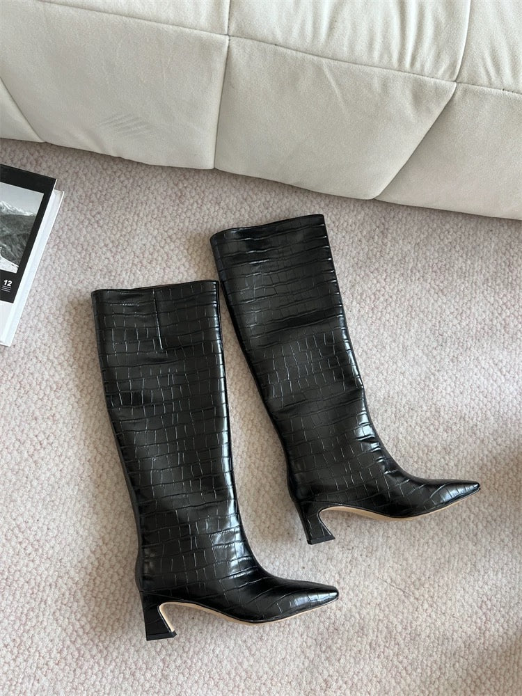 Crocodile-Embossed Leather Knee-High Boots - Private property 