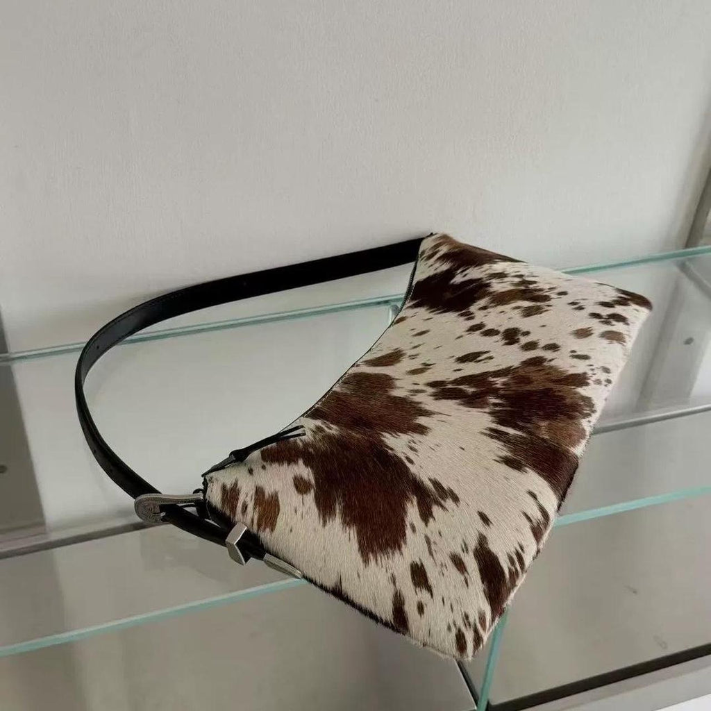 brown and white cow print shoulder Bags