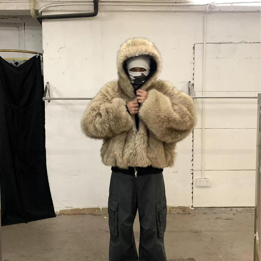 Black fur reversible puffer