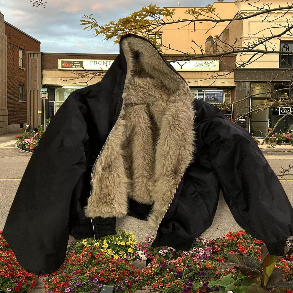 Black fur reversible puffer