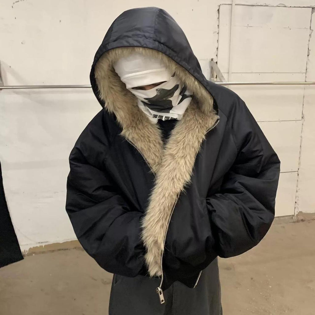 Black fur reversible puffer