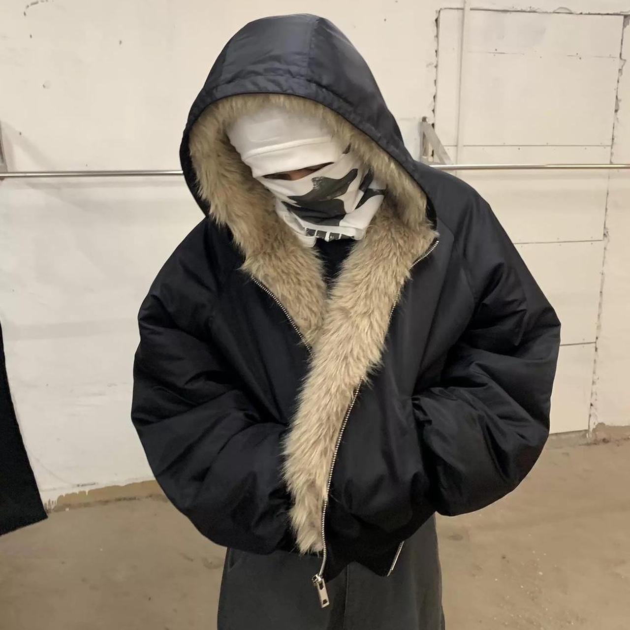 Black fur reversible puffer