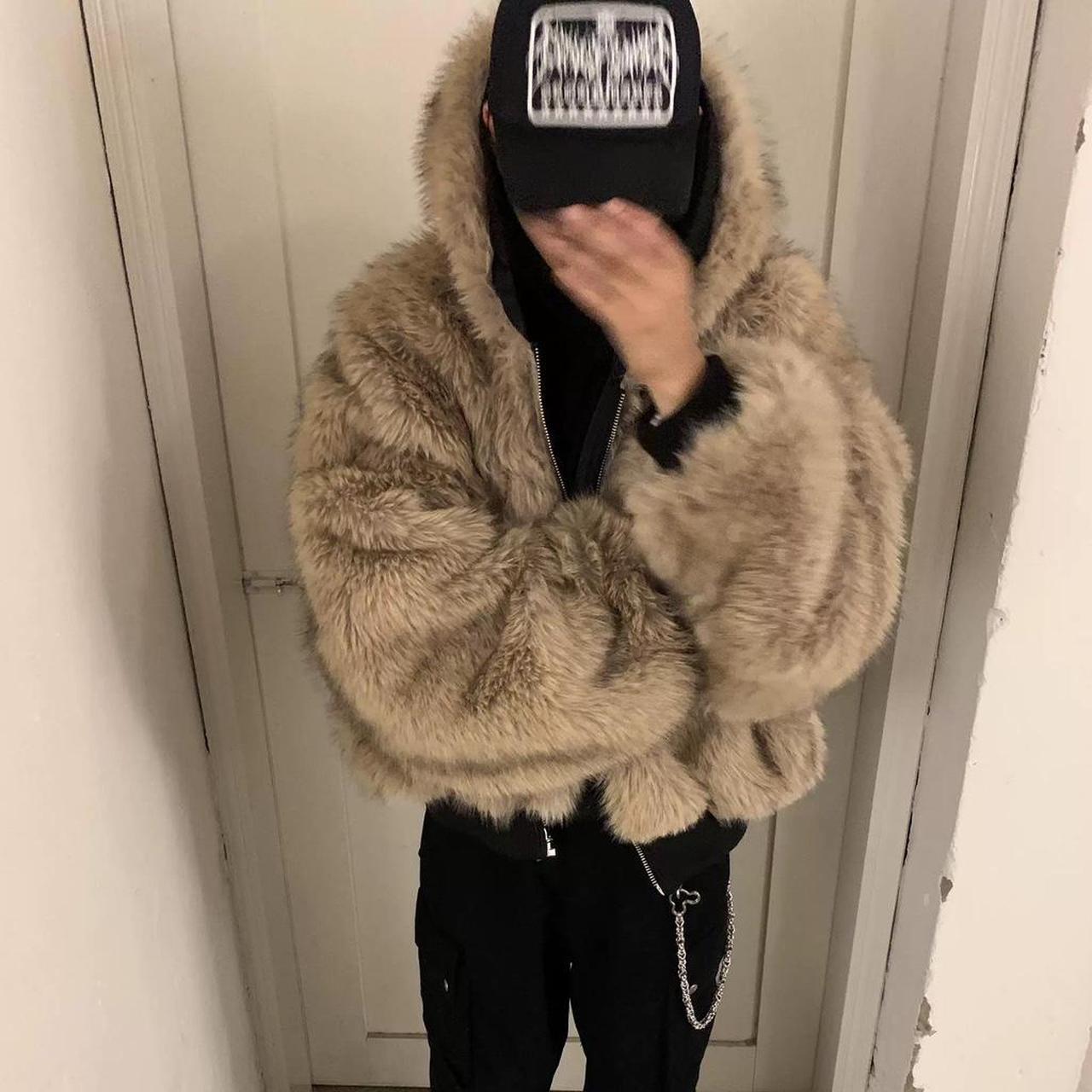 Black fur reversible puffer