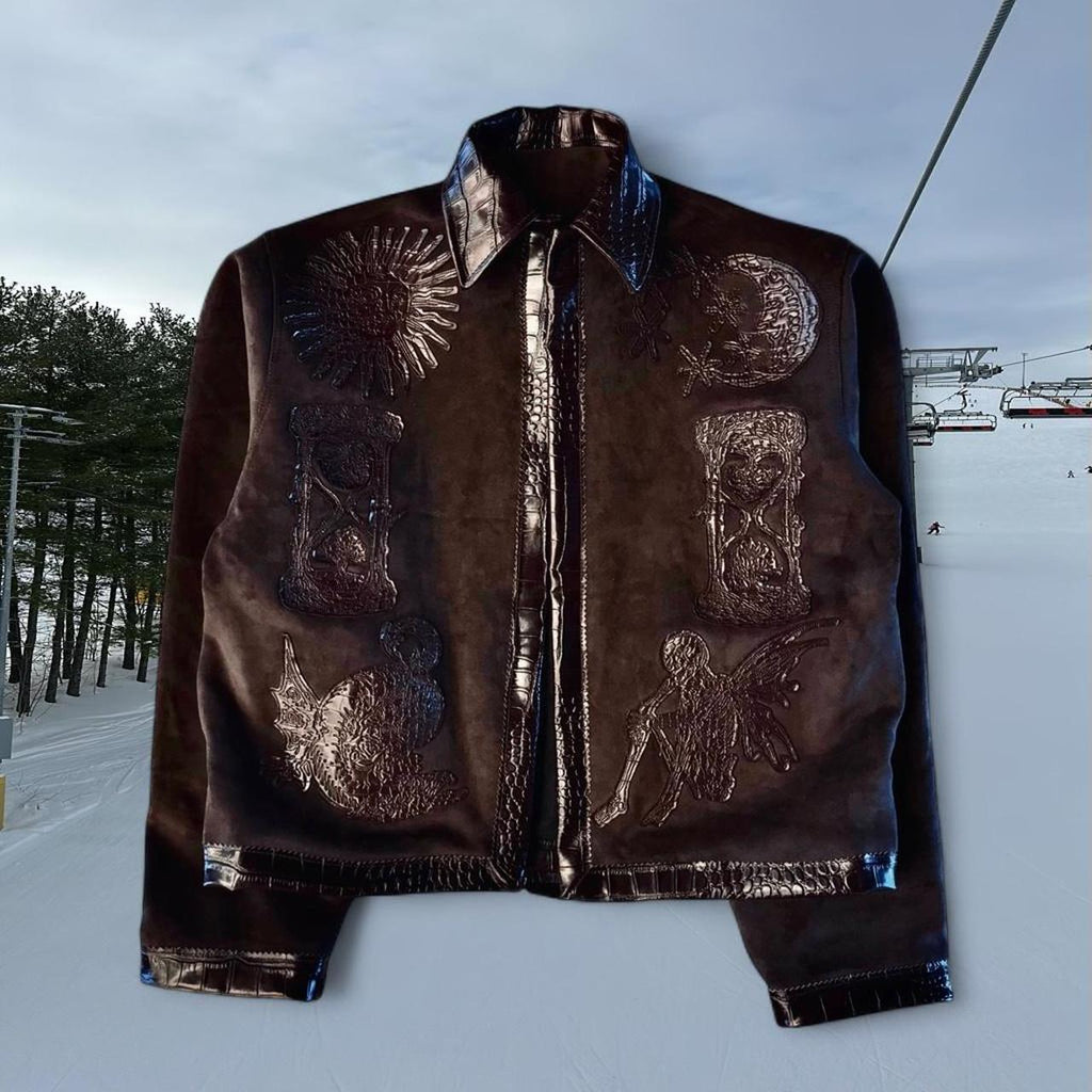 Brown leather jacket with unique embroidery and... - Private property 