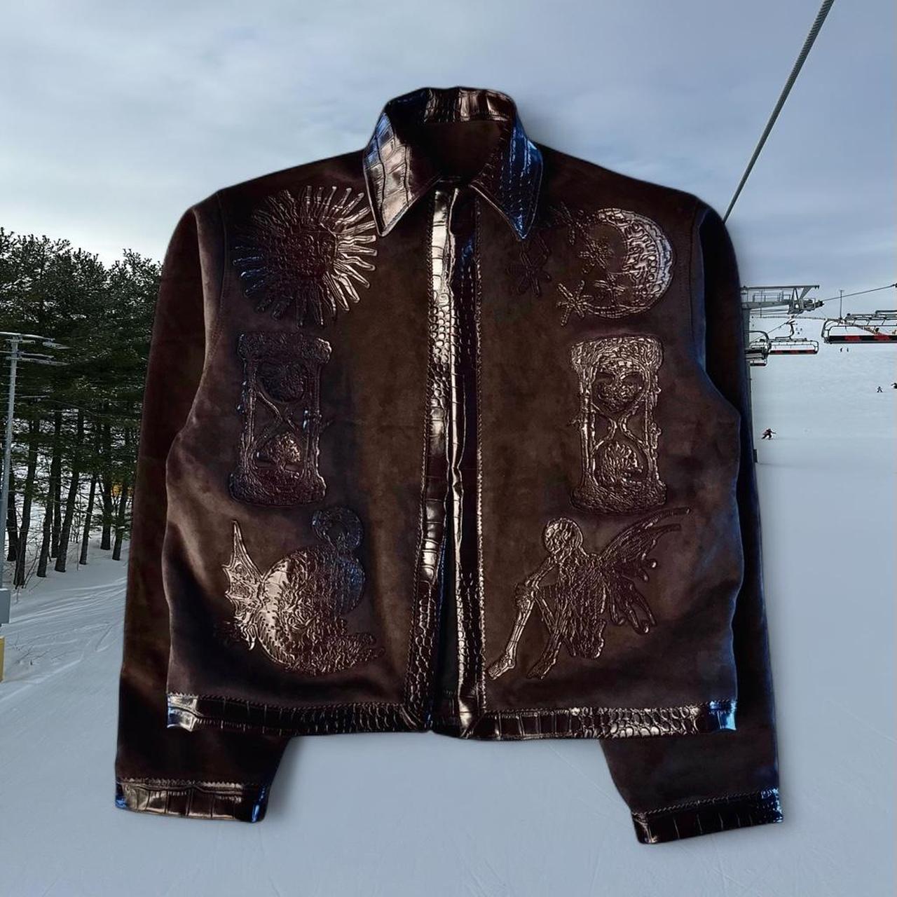 Brown leather jacket with unique embroidery and... - Private property 