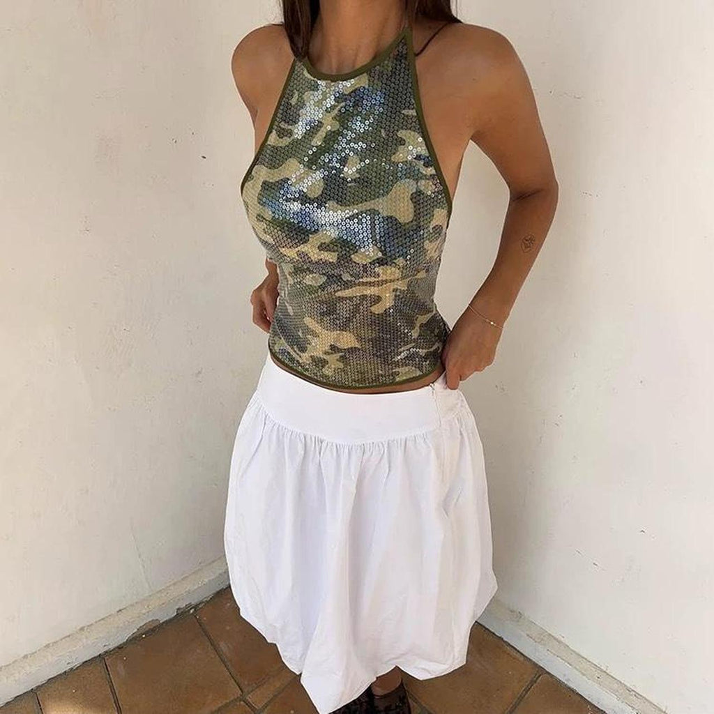 Camo print sequin tank top