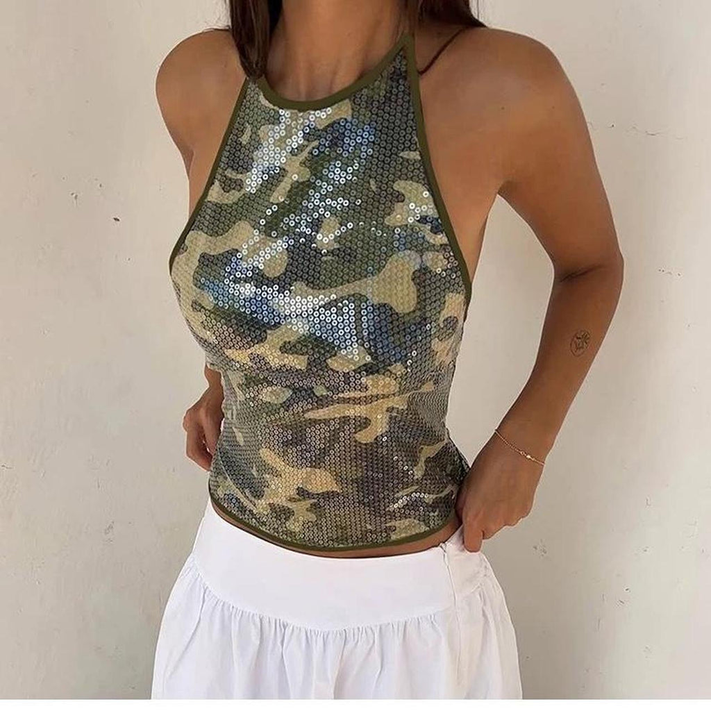 Camo print sequin tank top