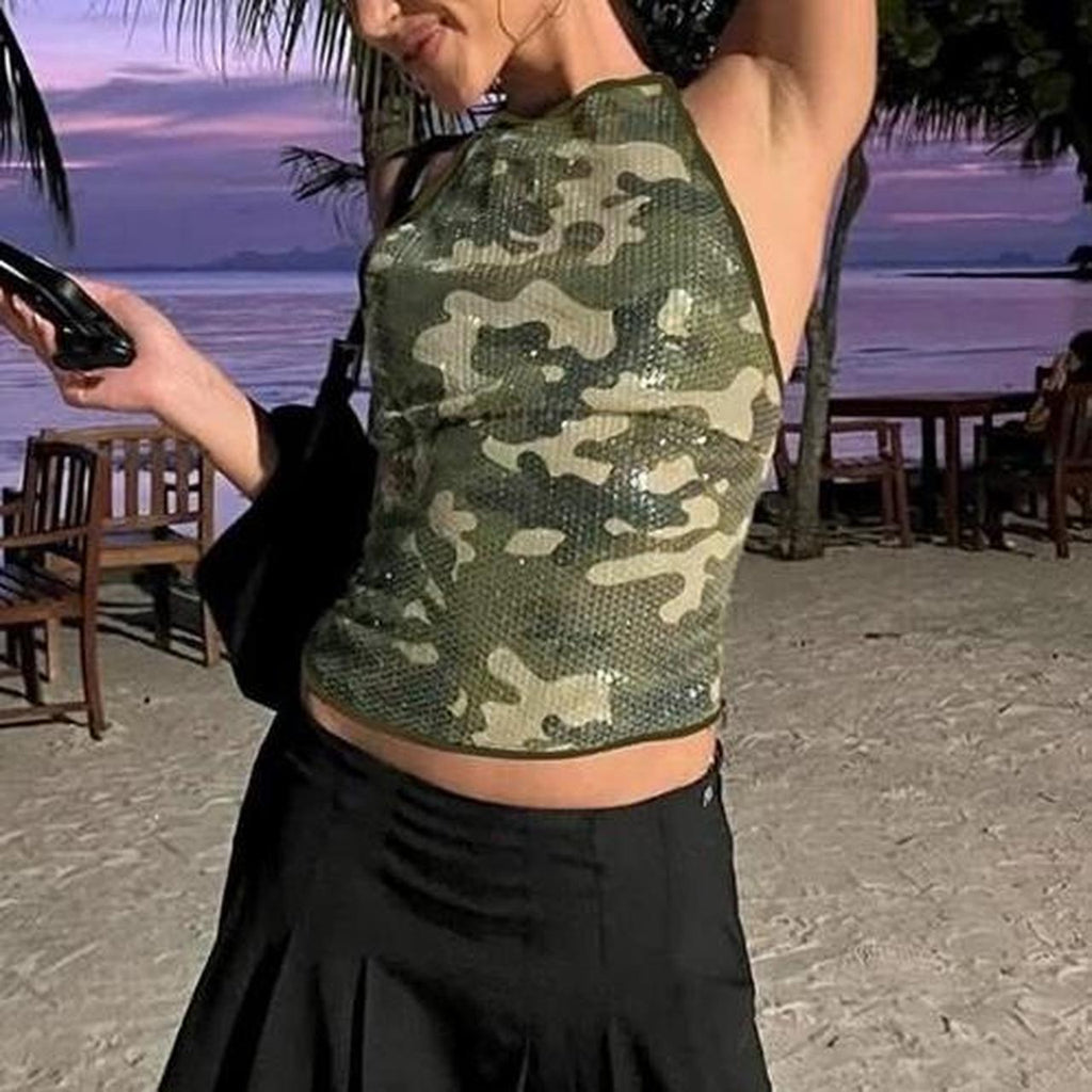Camo print sequin tank top